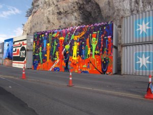 Painting covering 4 containers at Sumner.
Image printed on Tarpaulin.