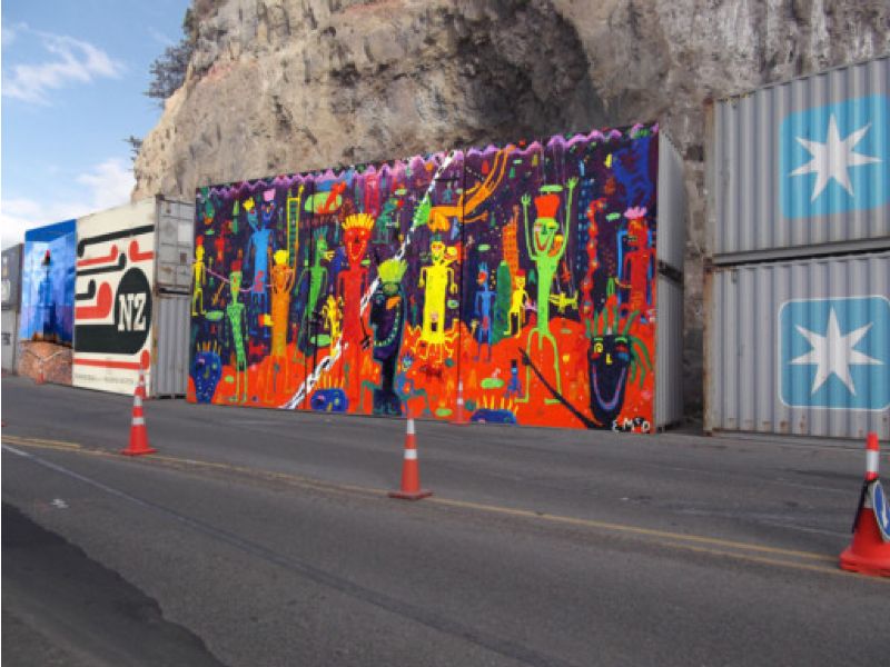 Painting covering 4 containers at Sumner.
Image printed on Tarpaulin.